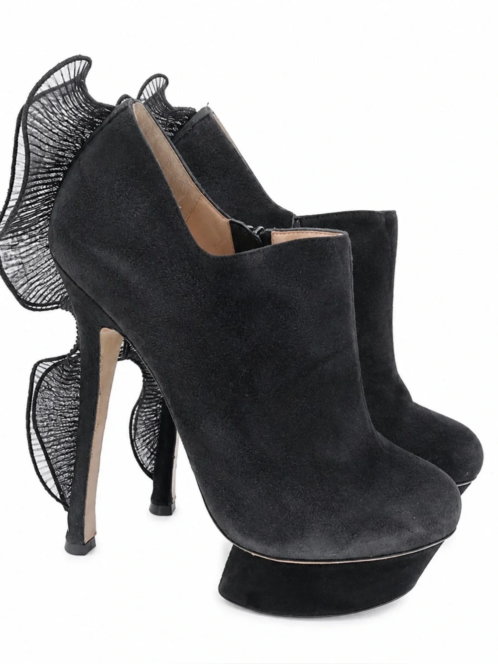 Nicholas Kirkwood Black Suede Ruffle Heel Platform Booties Size 38 With Dustbag